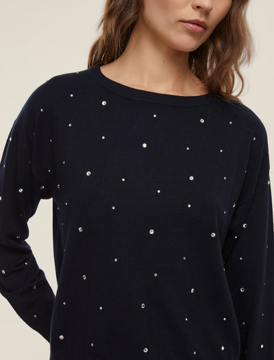 Round Neck Diamante Jumper in  Black