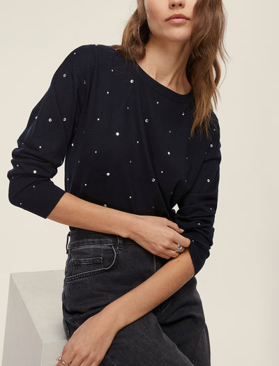 Round Neck Diamante Jumper in  Black