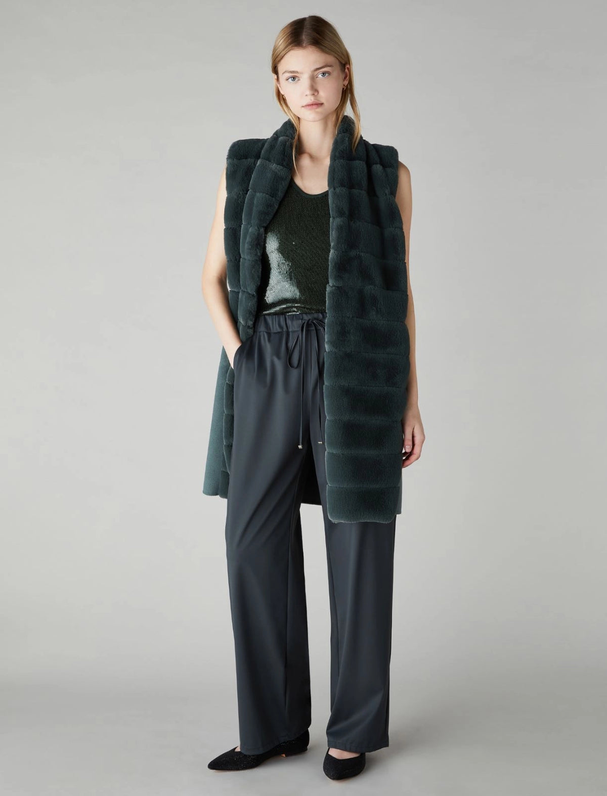 Long Green Faux Fur Gilet Coat