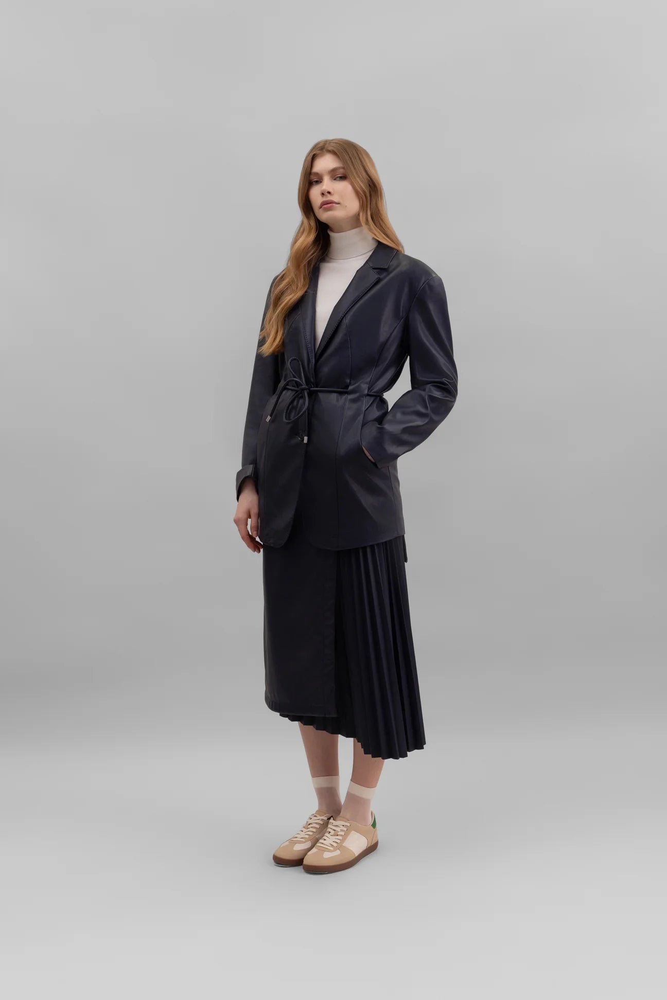 Longline faux leather blazer in navy