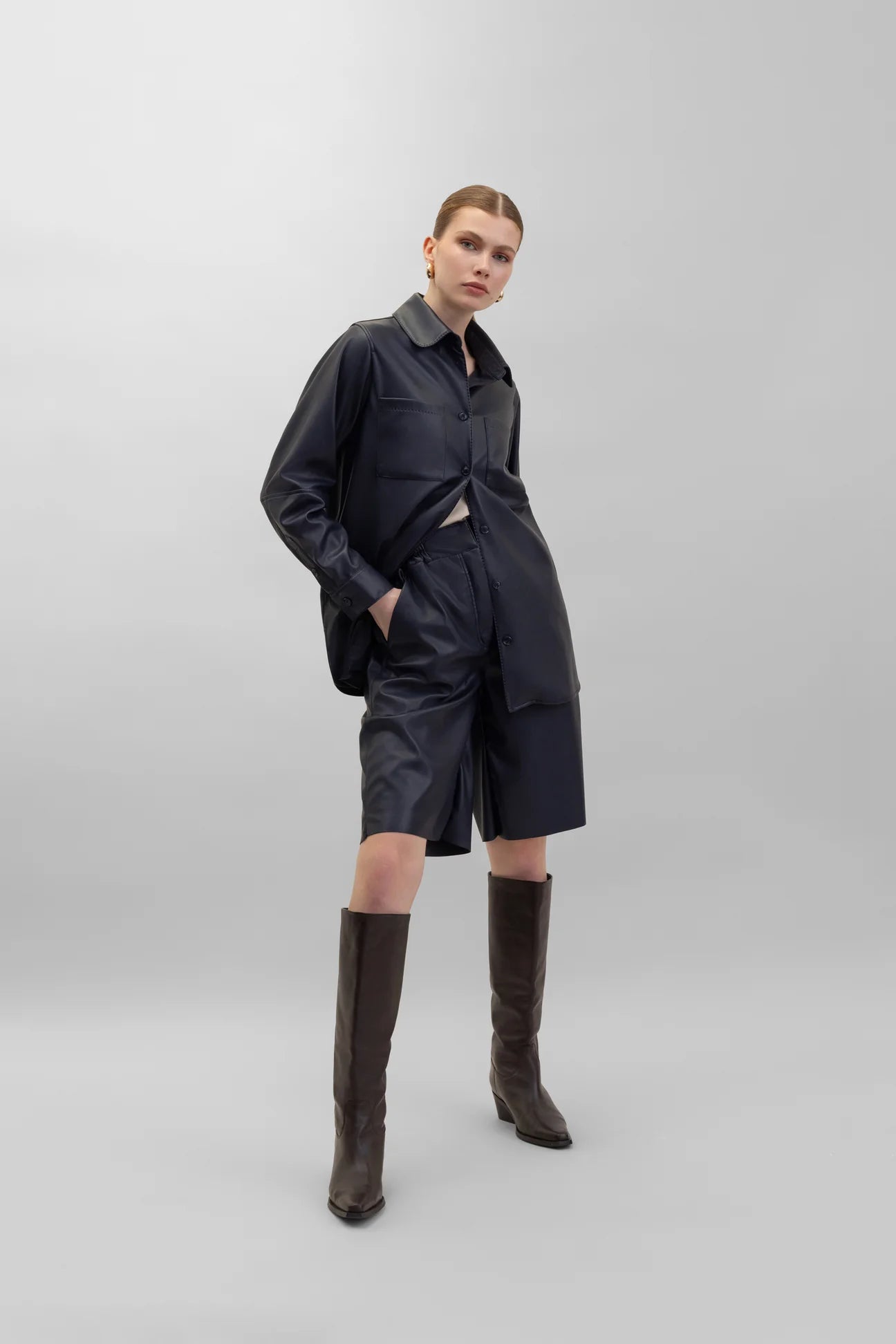 Faux Leather Shirt in Navy