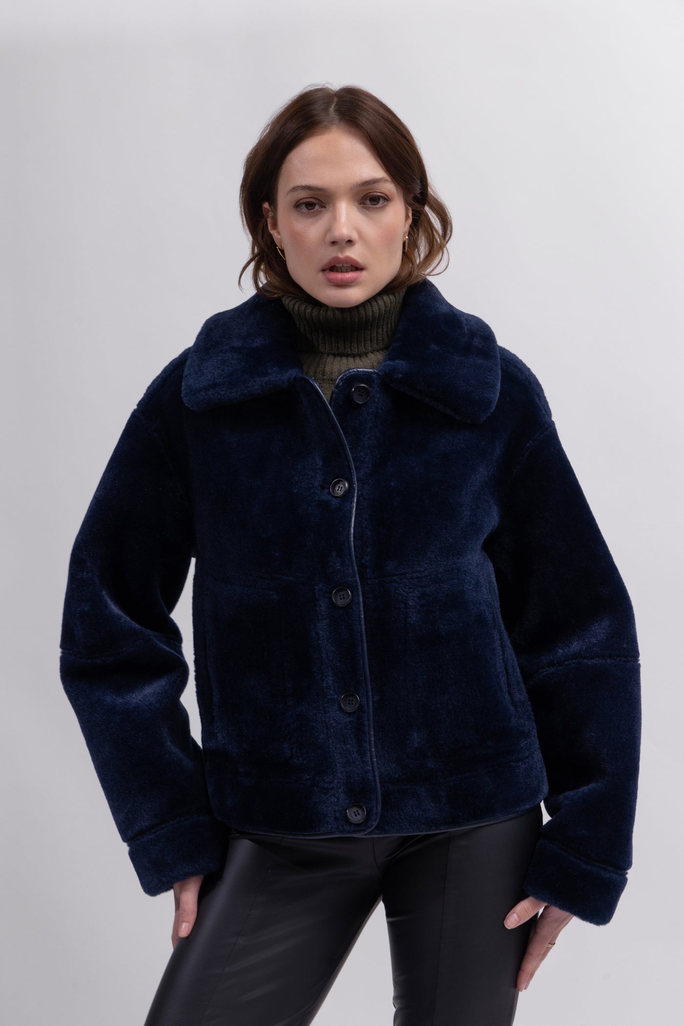 Reversible Faux Shearling Aviator Jacket   in navy