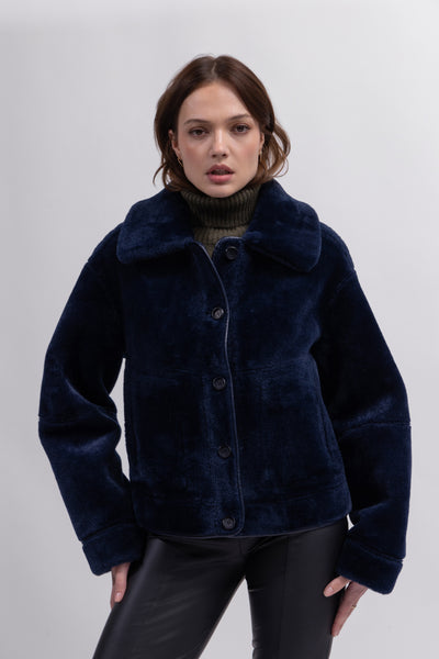 Reversible Faux Shearling Aviator Jacket   in navy