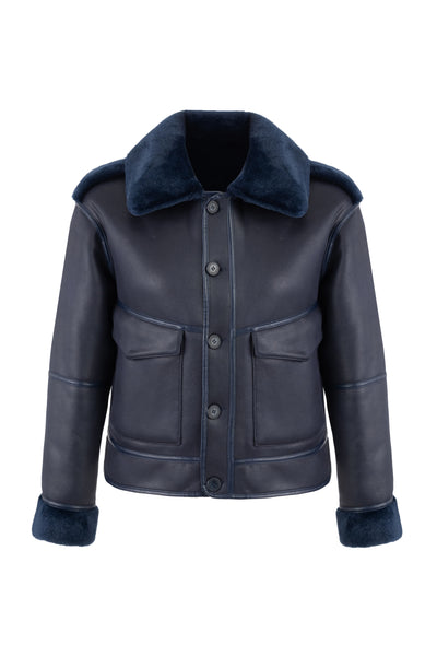 Reversible Faux Shearling Aviator Jacket   in navy