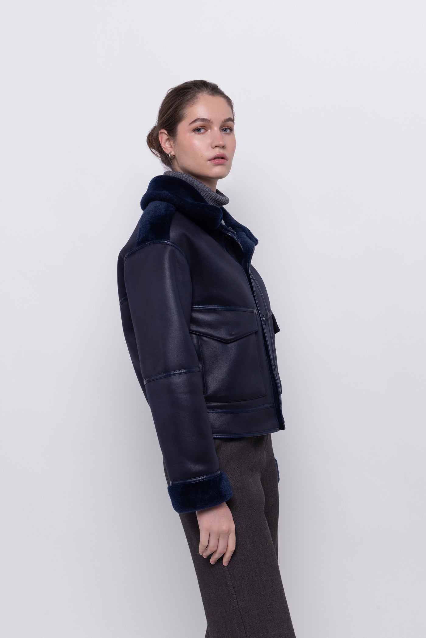 Reversible Faux Shearling Aviator Jacket   in navy