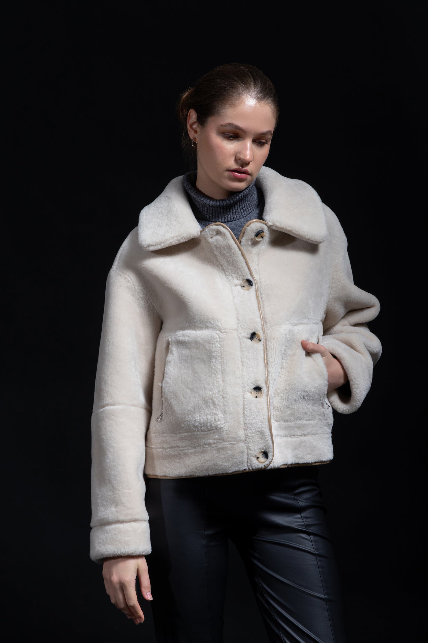 Reversible Faux Shearling Aviator Jacket  in natural cream