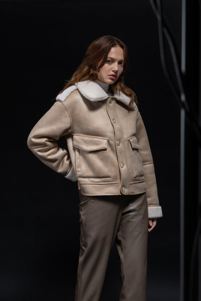 Reversible Faux Shearling Aviator Jacket  in natural cream