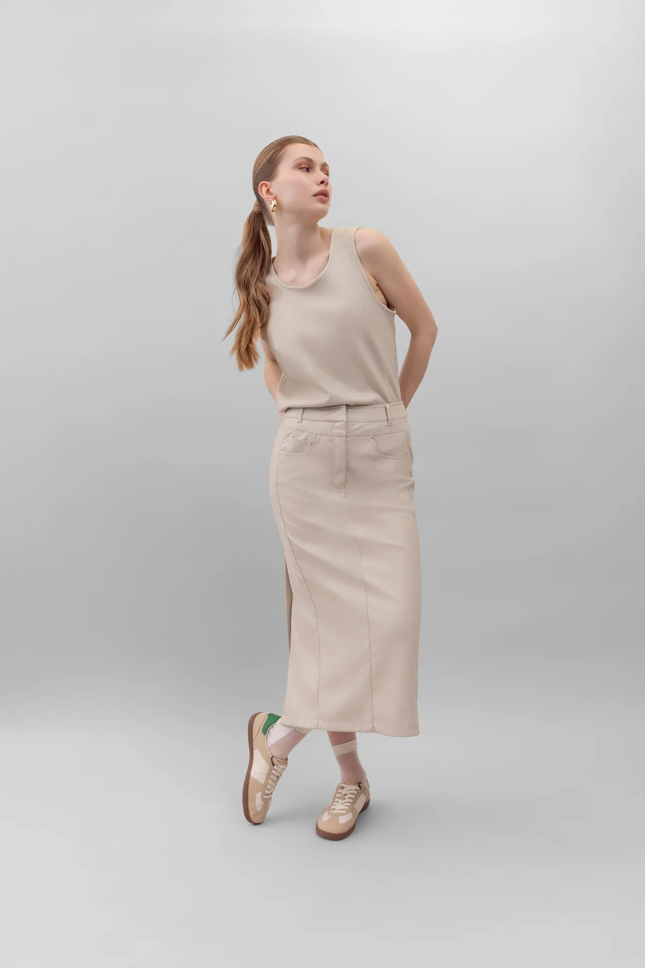 Faux Leather Fitted Midi Skirt