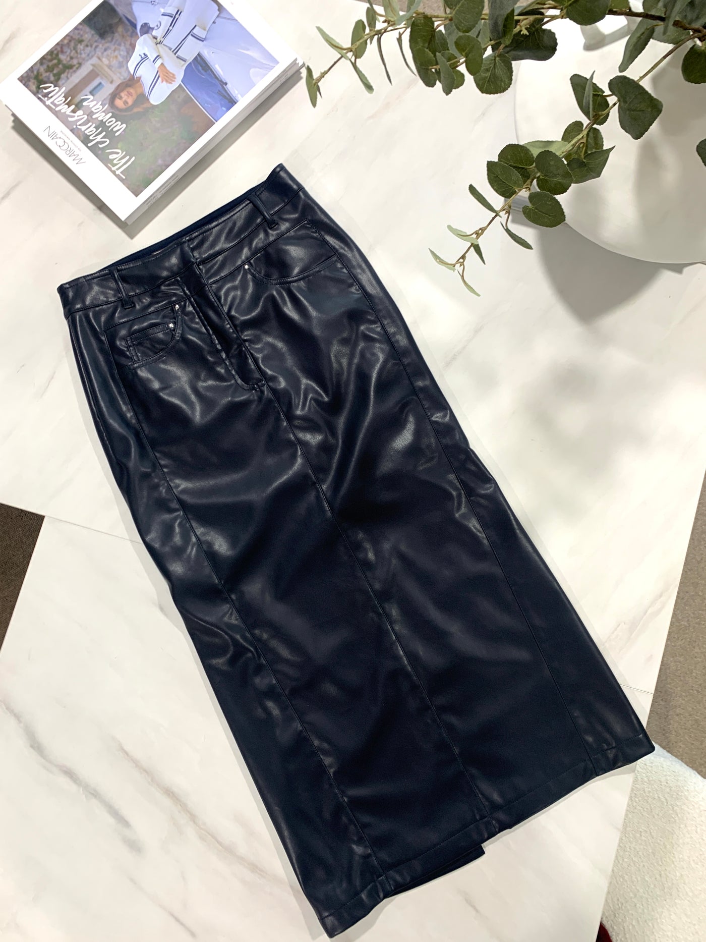 Faux Leather Fitted Midi Skirt