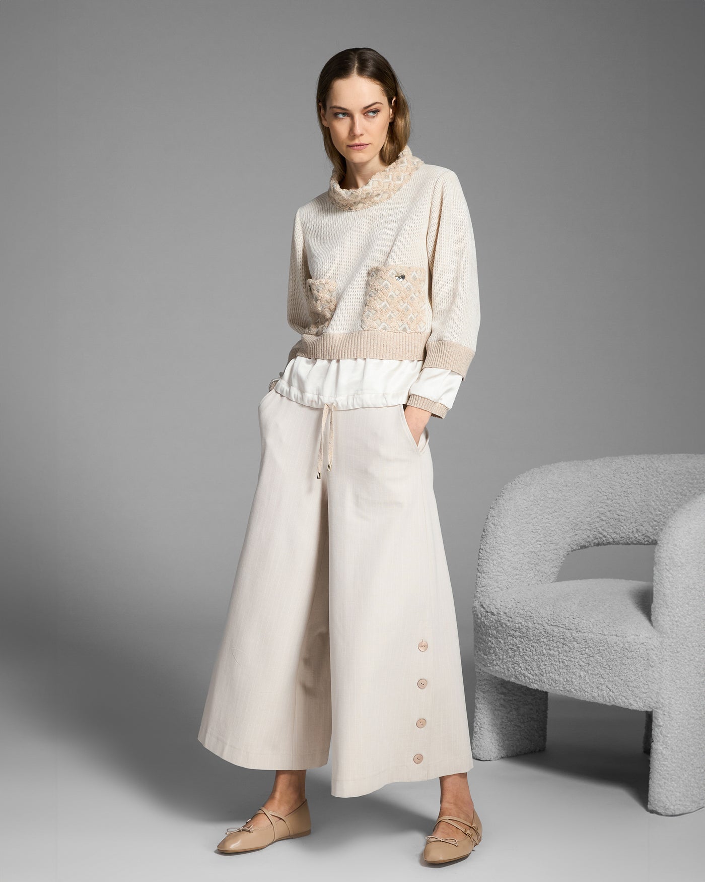Cream Knit Top with Satin Contrast