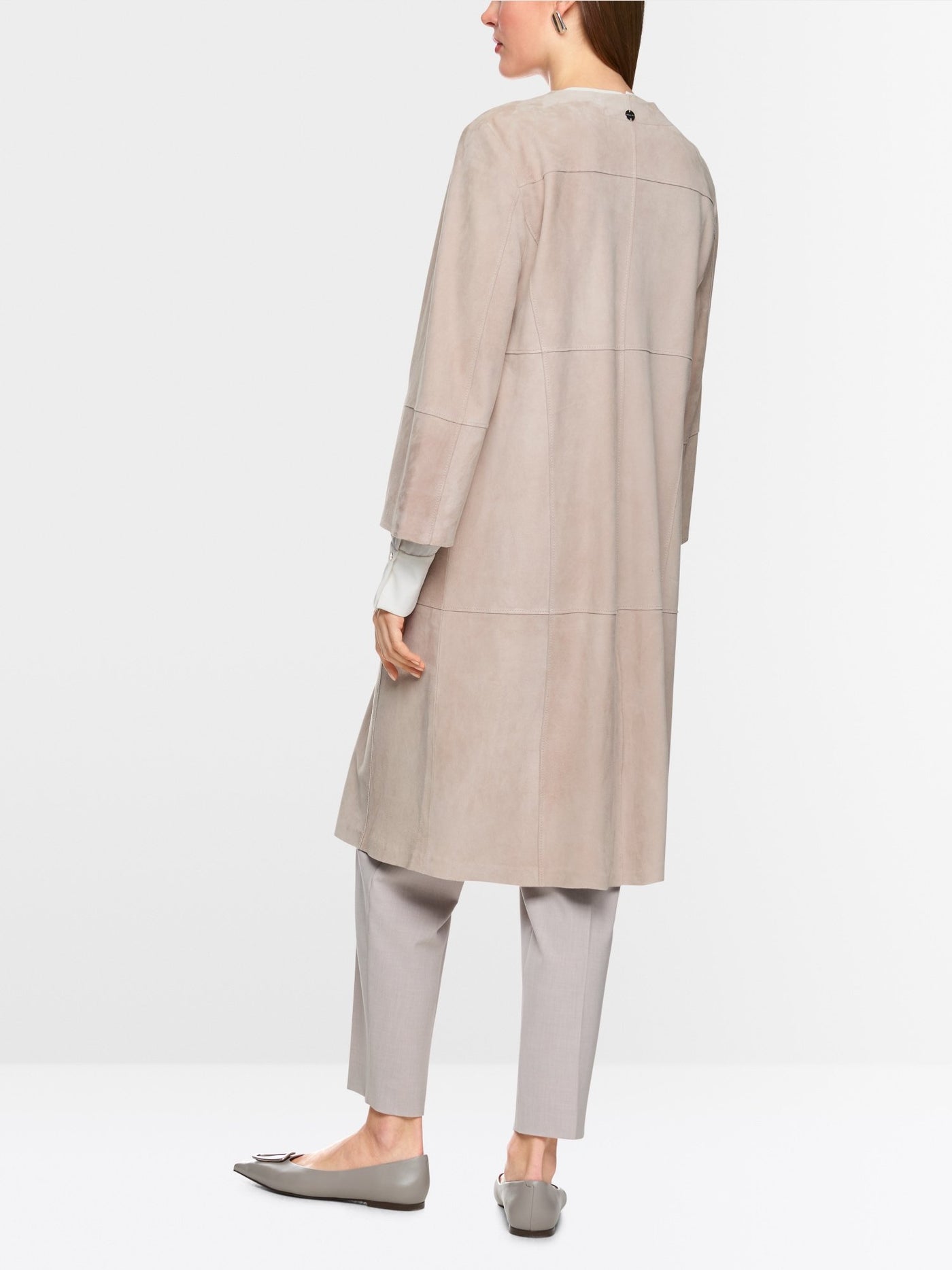 Collarless suede coat