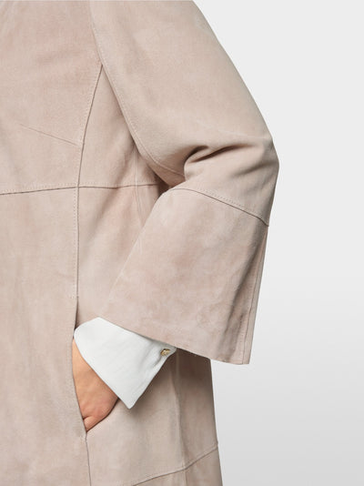 Collarless suede coat