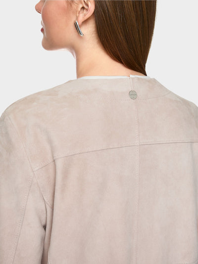 Collarless suede coat