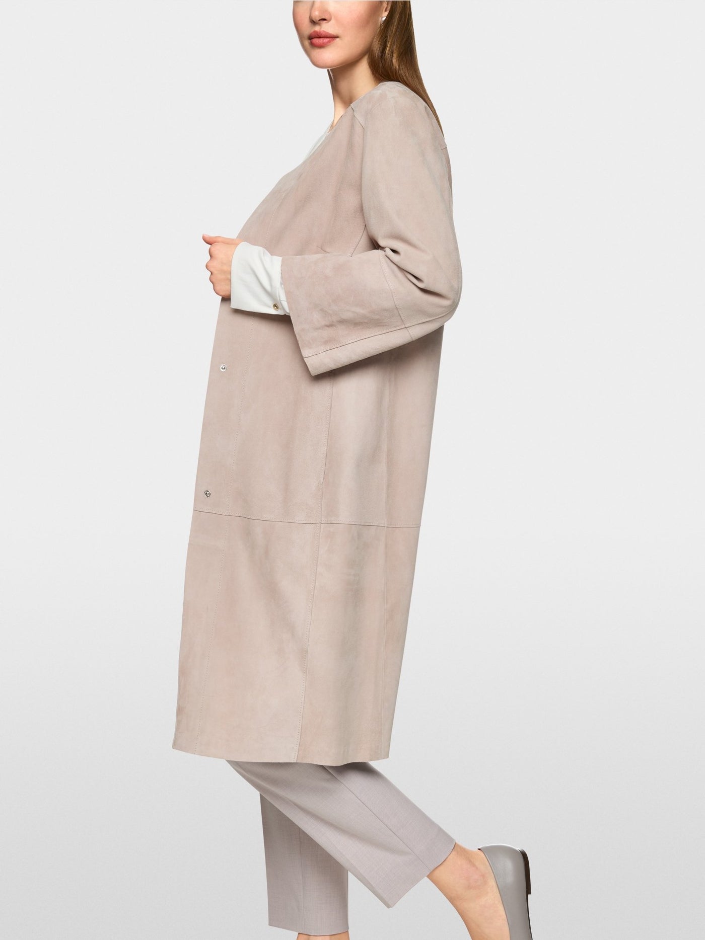 Collarless suede coat