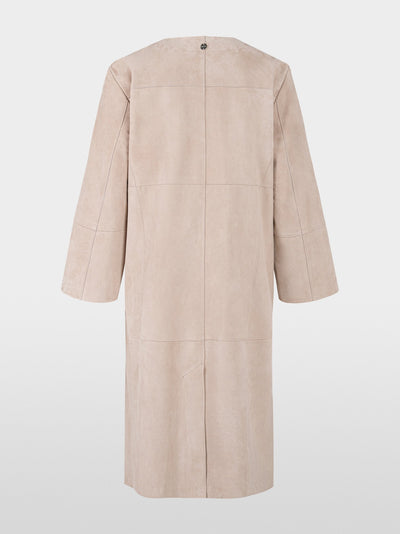 Collarless suede coat