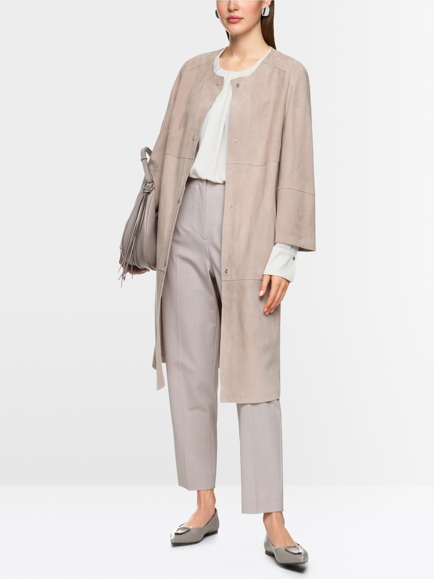 Collarless suede coat