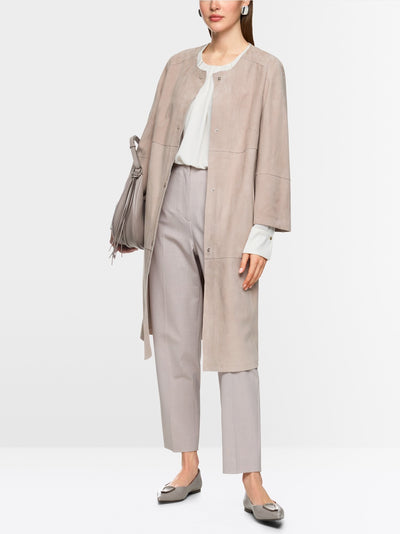 Collarless suede coat