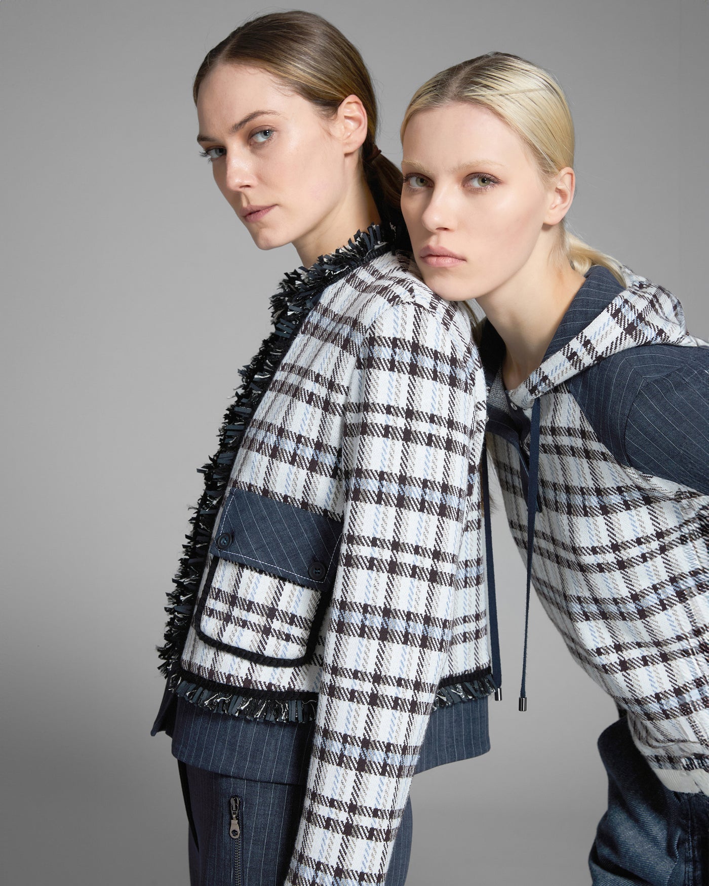 Checked Contrast Blazer with Fringed Detail