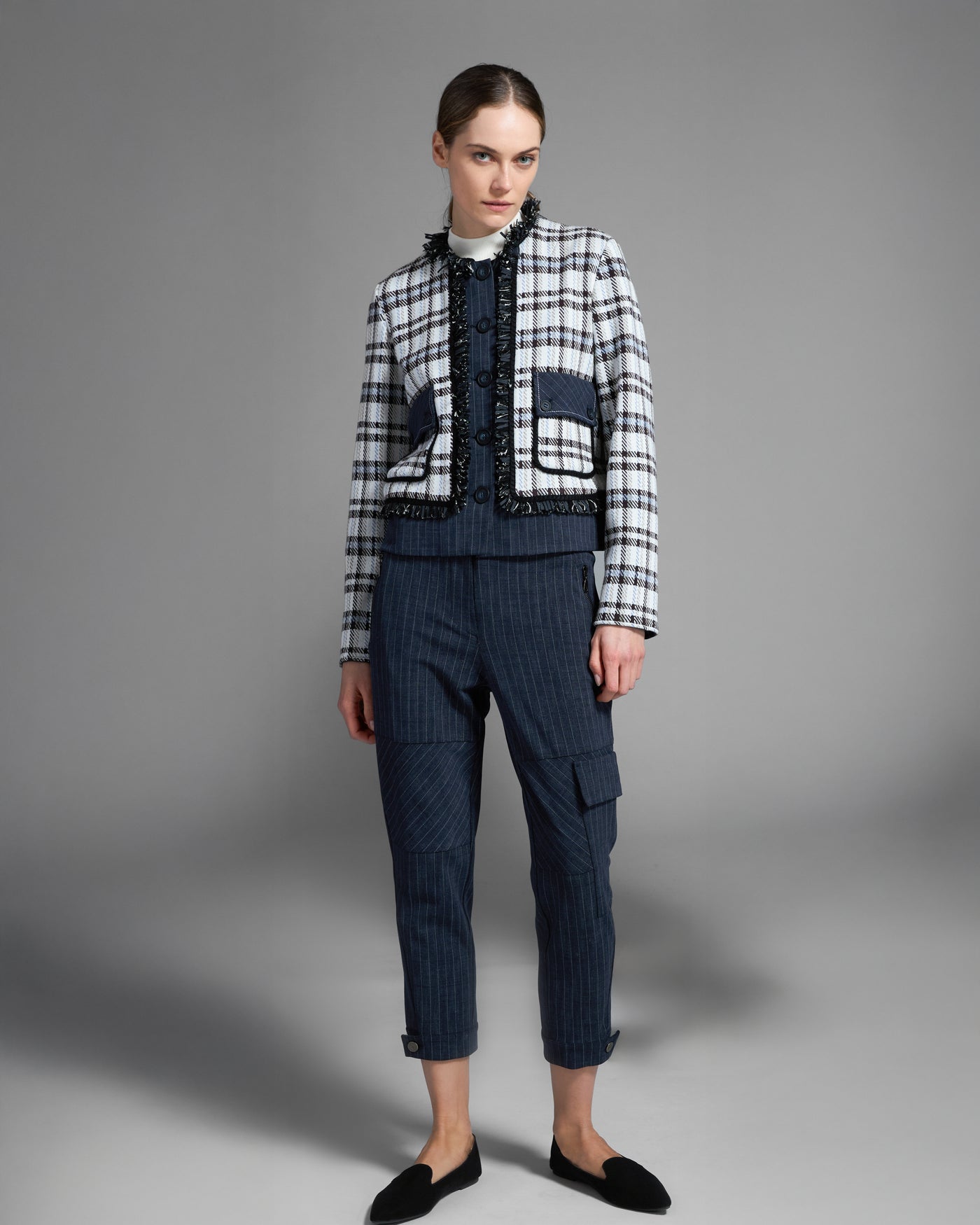 Checked Contrast Blazer with Fringed Detail