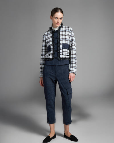 Checked Contrast Blazer with Fringed Detail