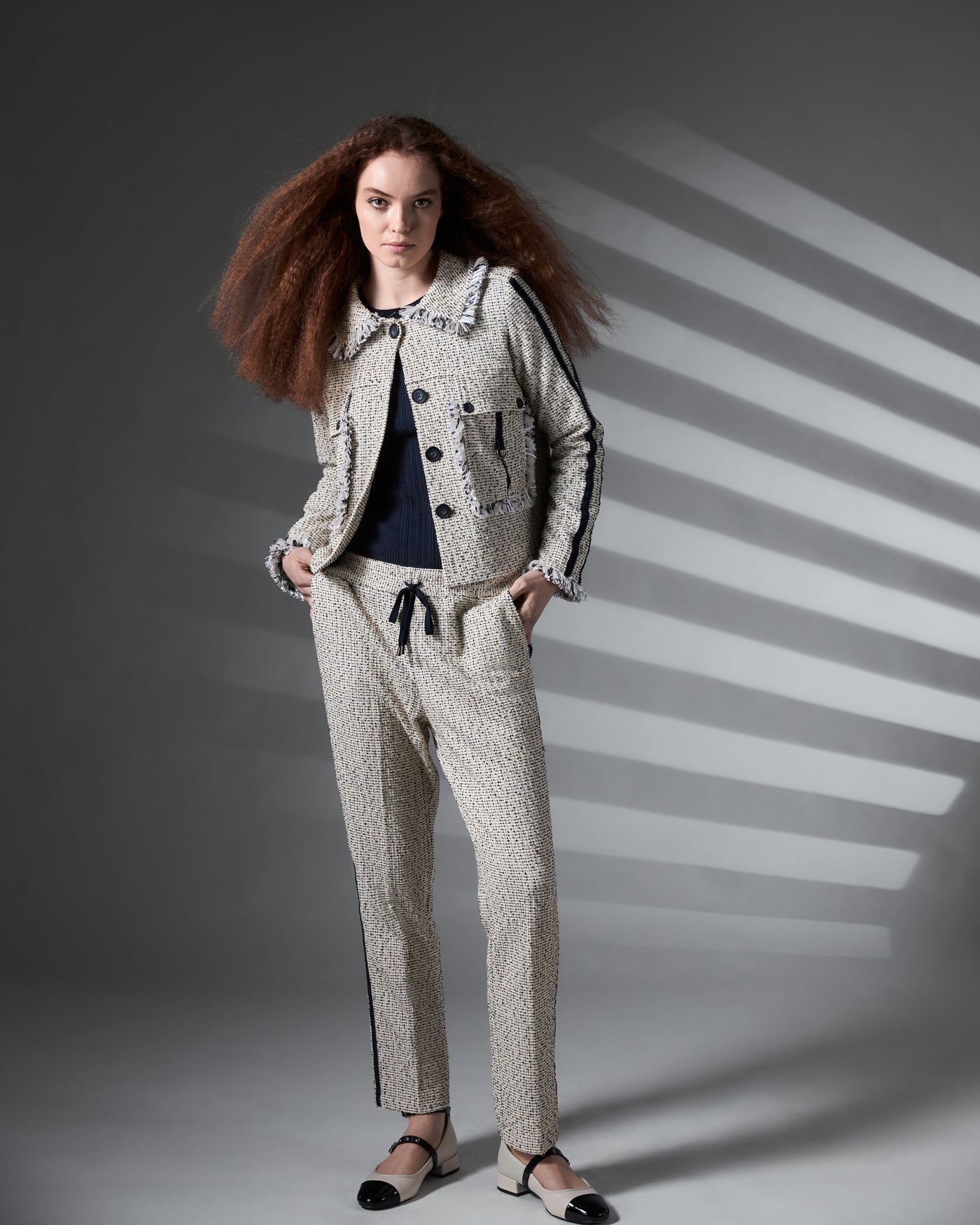 Tweed-Style Blazer with Fringed Details