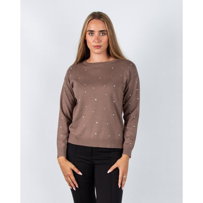Round Neck Diamante Jumper in  Taupe