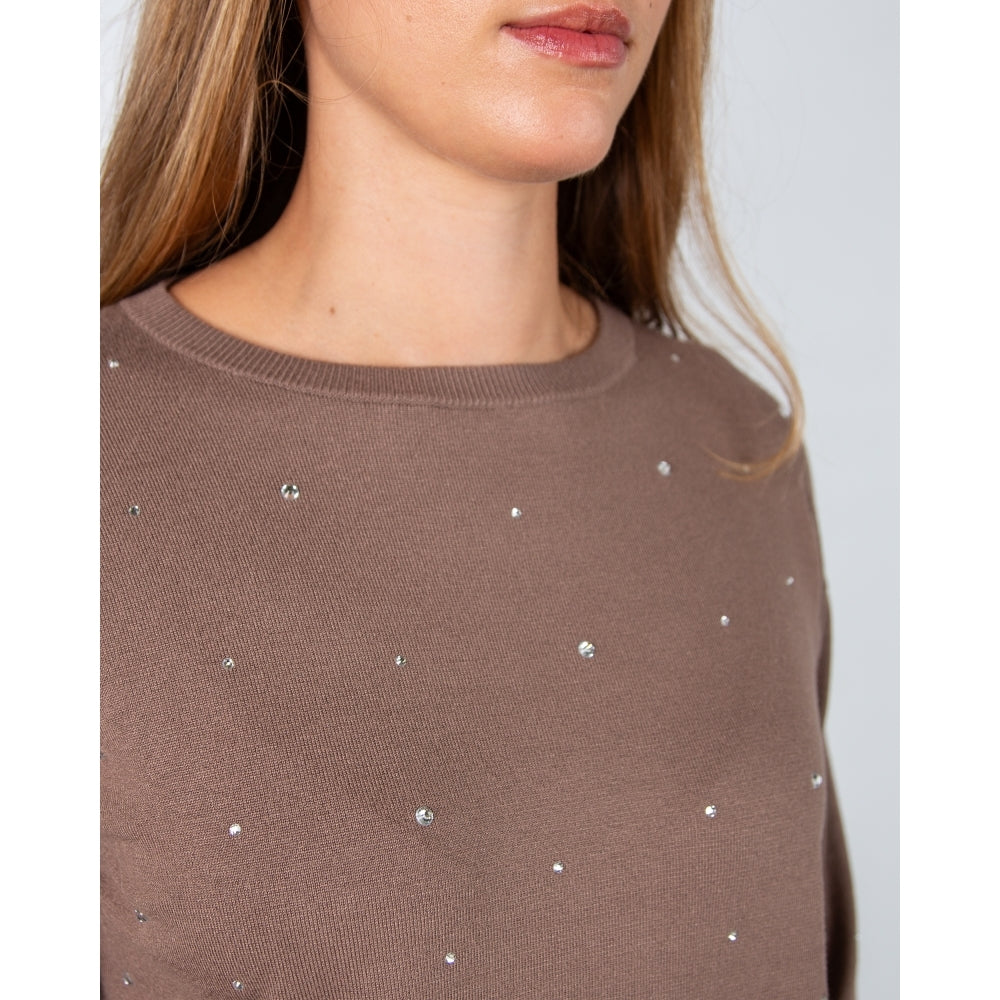 Round Neck Diamante Jumper in  Taupe