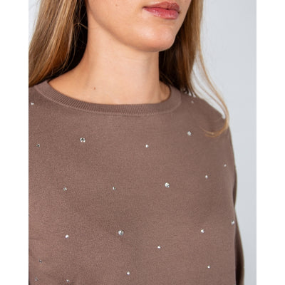 Round Neck Diamante Jumper in  Taupe