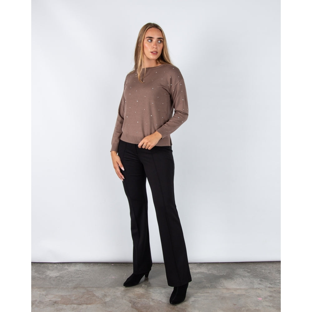 Round Neck Diamante Jumper in  Taupe