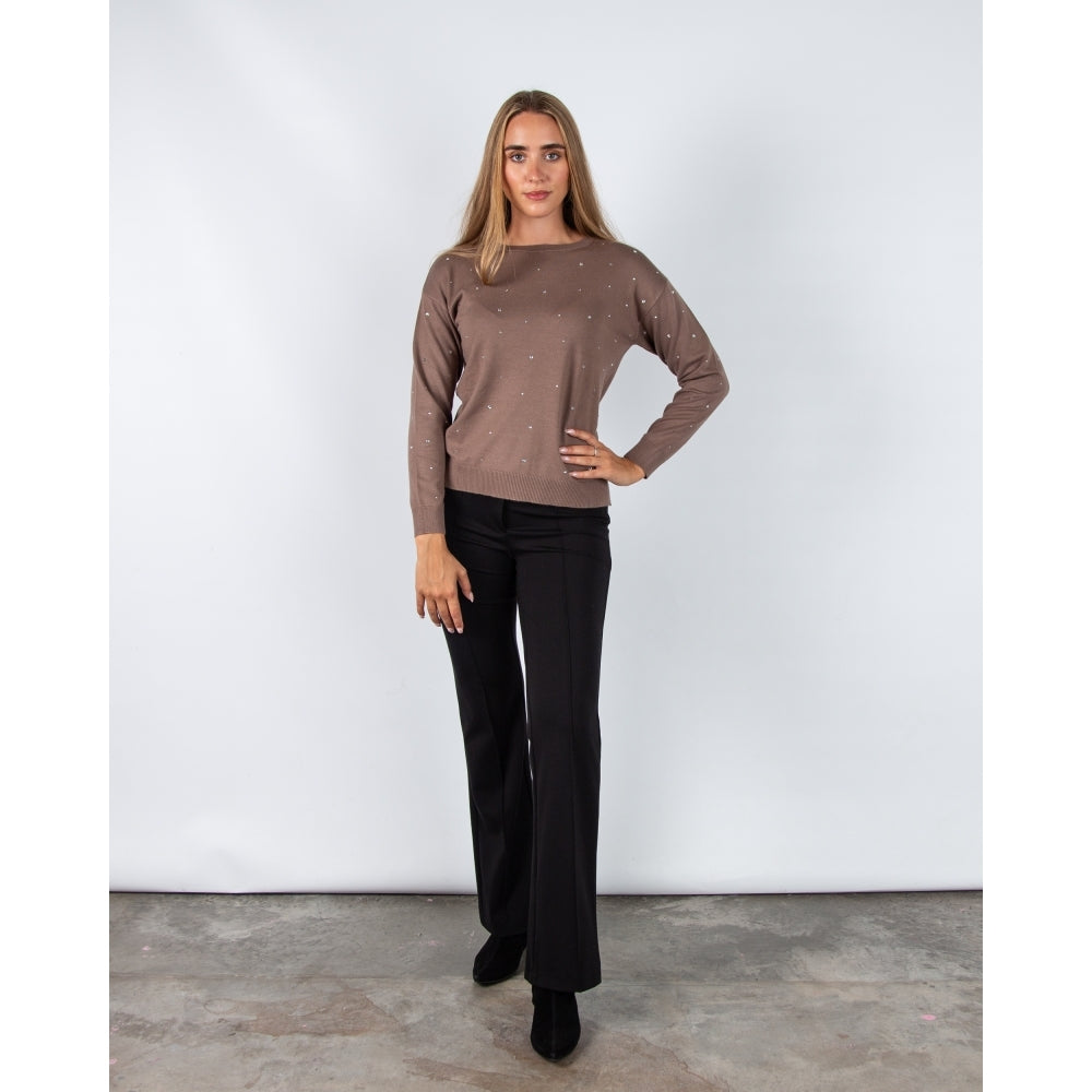 Round Neck Diamante Jumper in  Taupe