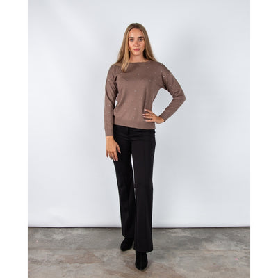 Round Neck Diamante Jumper in  Taupe