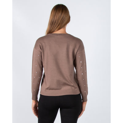 Round Neck Diamante Jumper in  Taupe