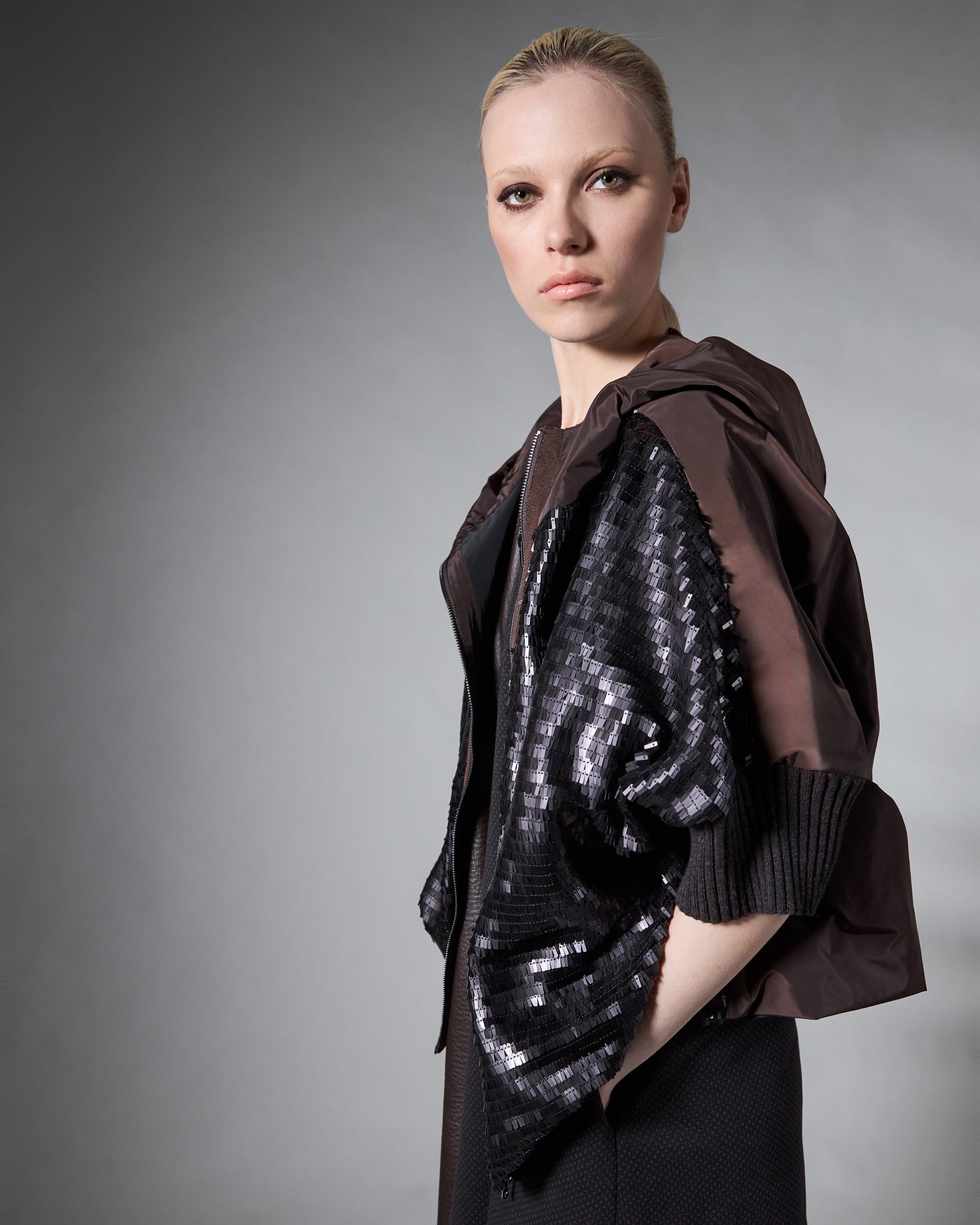Chocolate Sequin Bomber Jacket