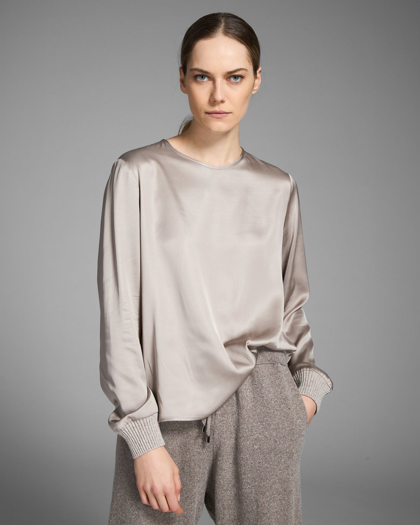Silky Satin Blouse with Knitted Cuffs
